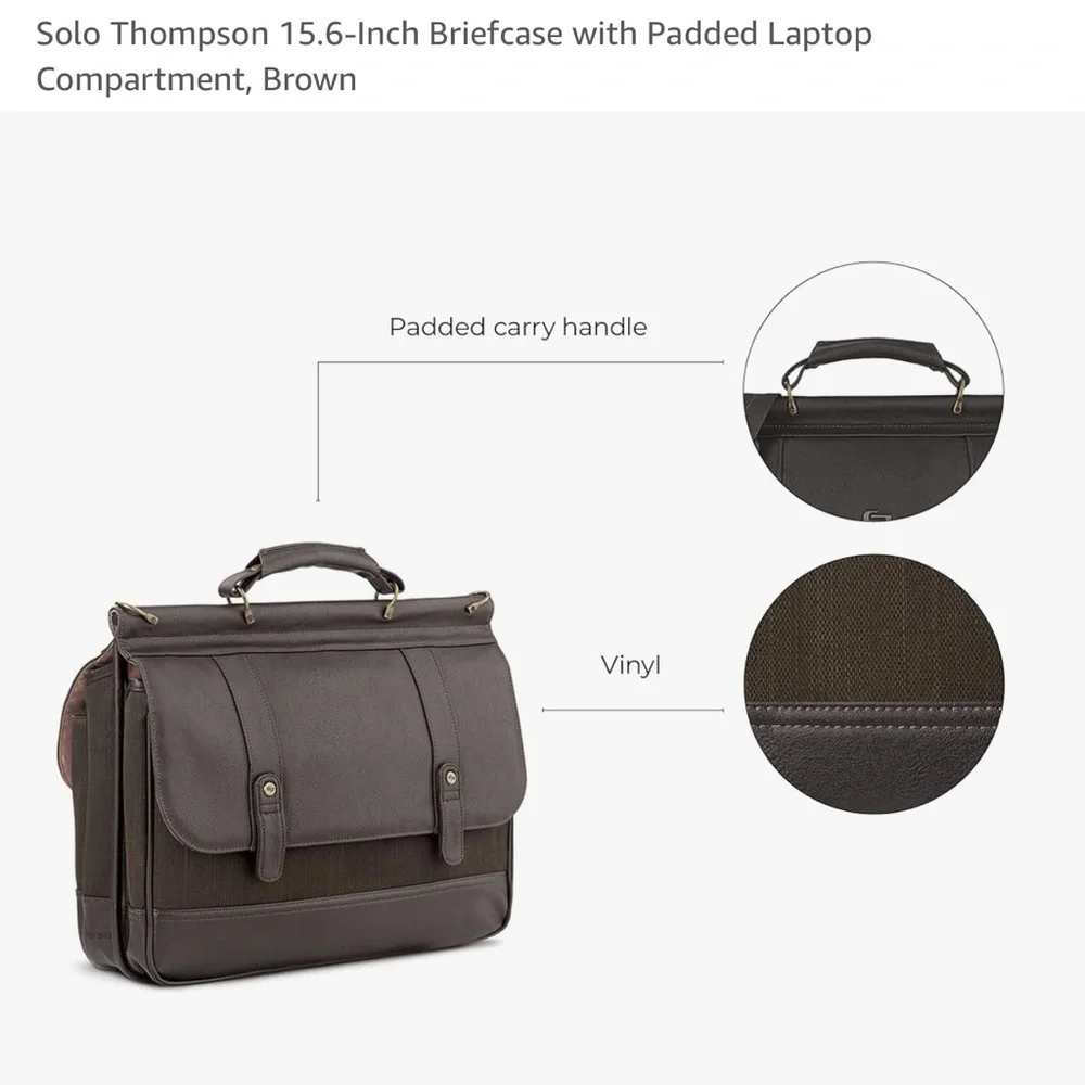 Solo Thompson 15.6-Inch Briefcase with Padded Laptop Compartment, Brown